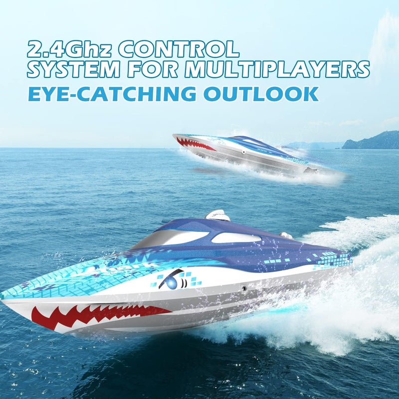 DEERC Full Proportional Remote Control Boat with LED Lights, Shark Graffiti, 20+ MPH,2.4GHz High Speed RC Racing Boats for Lakes,Pool Toys for Kids & Adults - Image 3